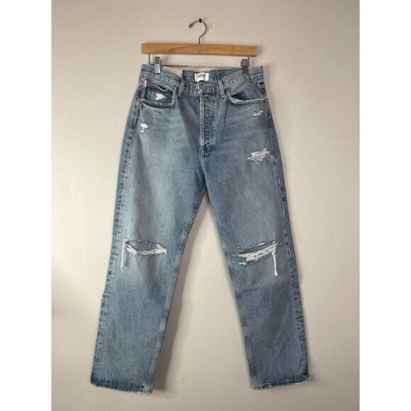 NWT Agolde 90s Mid Rise Loose Fit Distressed Denim Jeans Blue Light Wash Size 28 - Picture 2 of 9